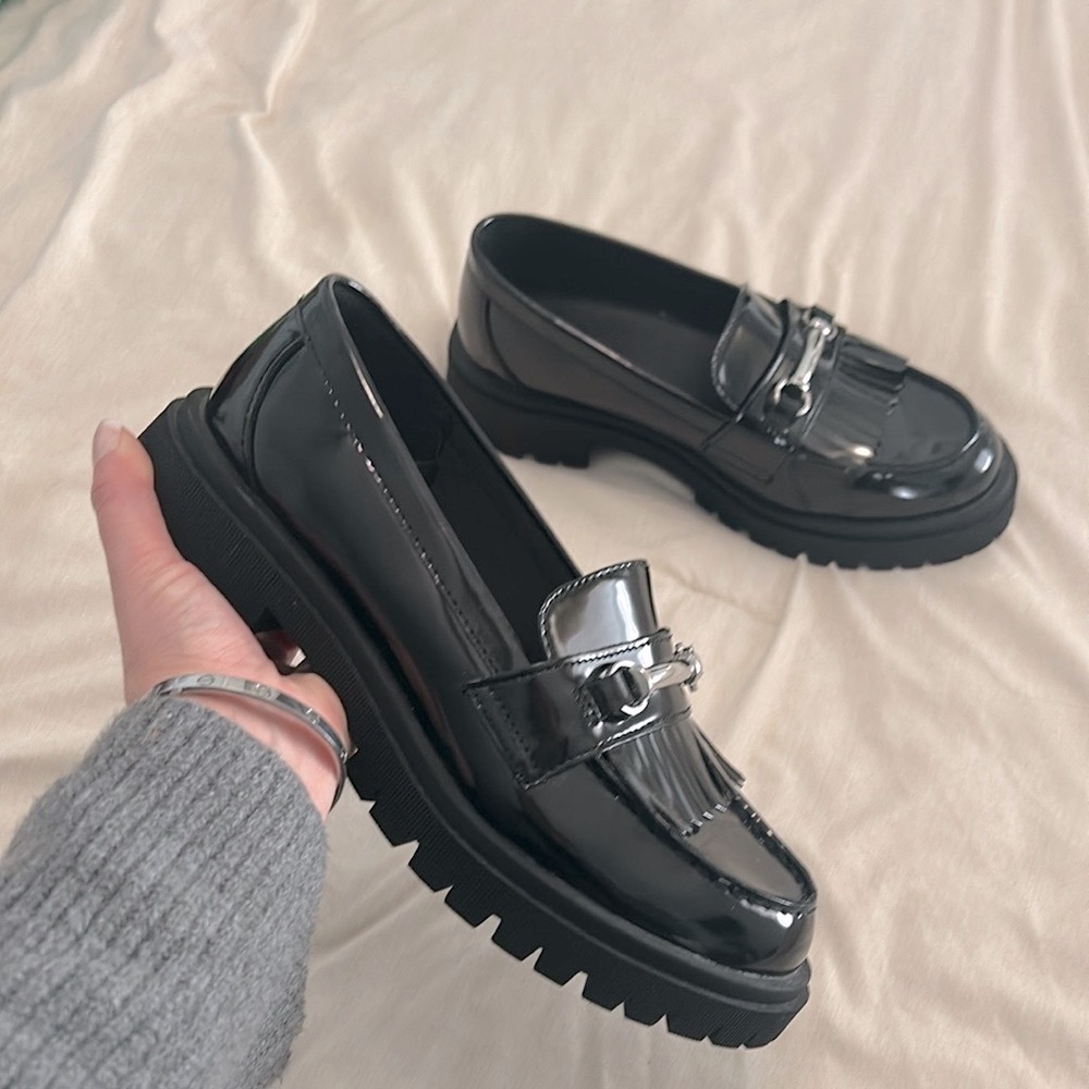 Black Patent Loafers with Fringe Detail